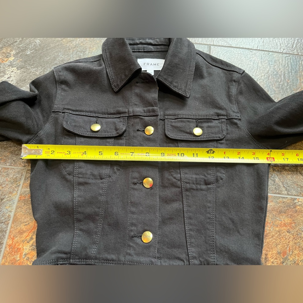 Frame black denim flounce peplum slim fit metal button jean jacket. Size XXS - Picture 12 of 16